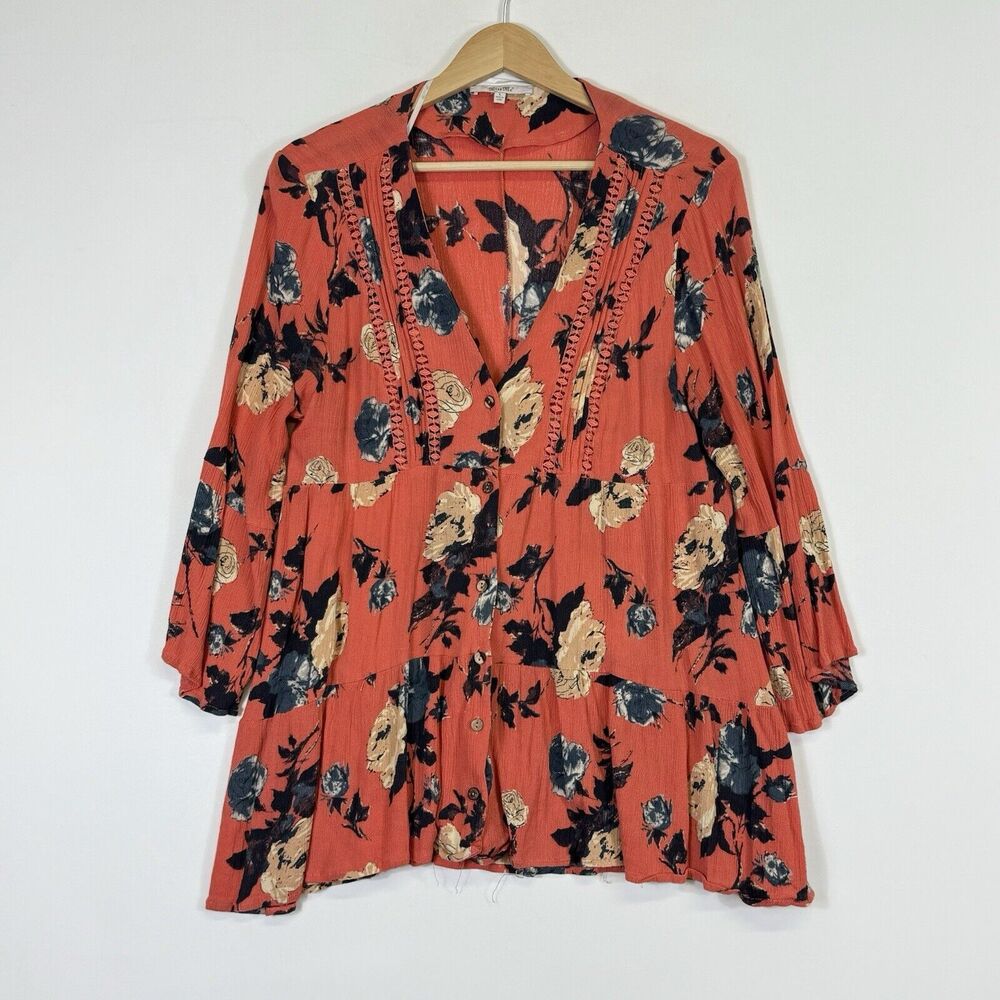 Miss Me Women Large Shirt Coral Western Floral Boho Crinkle 3/4 Bell Sleeve